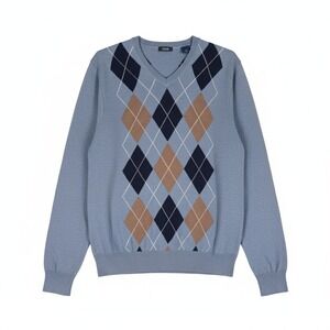 IZOD Mens Argyle V-Neck Sweater Large L‎ Blue Brown Cotton Blend Preppy 90s VTG
